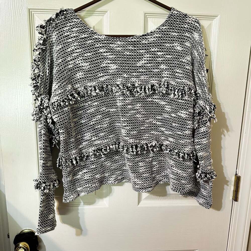 MISA Sweater Size M Black White Fringe Pullover Knit